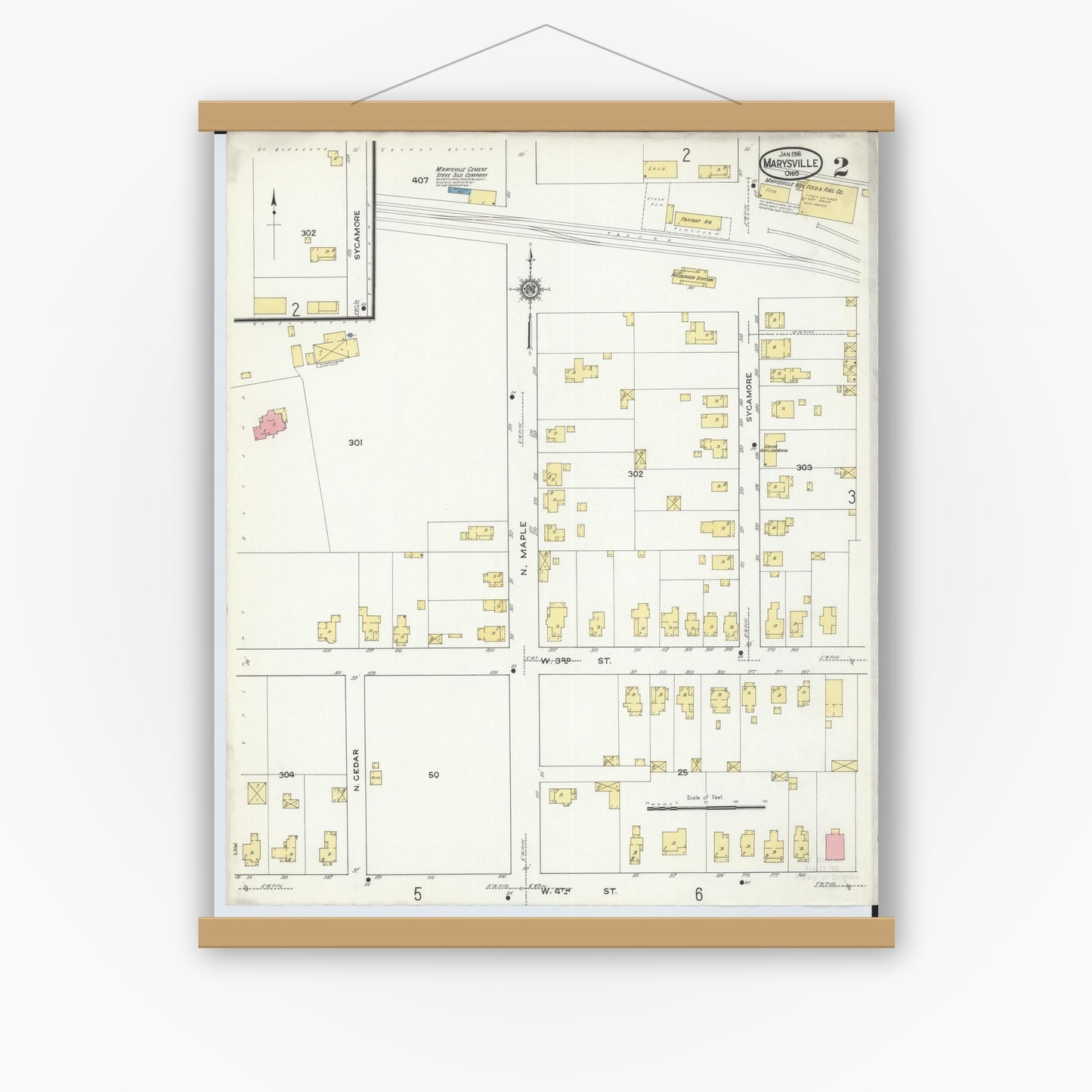 Old map wall art mockup — magnetic wood frame on white wall — Sanborn Fire Insurance Map from Marysville, Union County, Ohio (1916), Sheet #0002