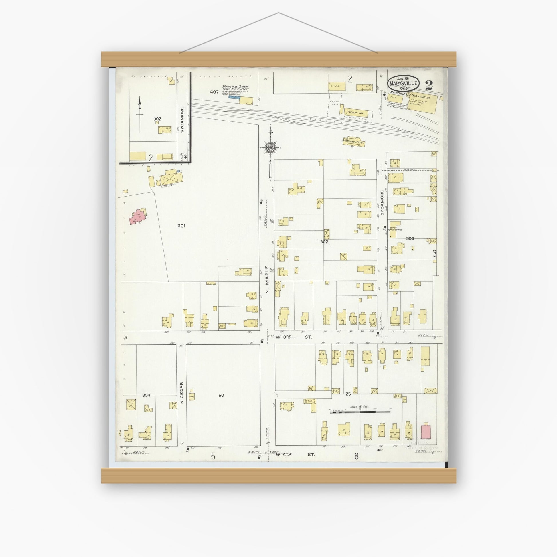 Old map wall art mockup — magnetic wood frame on white wall — Sanborn Fire Insurance Map from Marysville, Union County, Ohio (1916), Sheet #0002