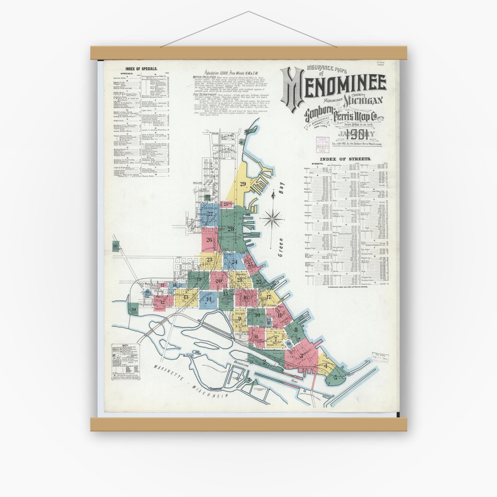 Old map wall art mockup — magnetic wood frame on white wall — Sanborn Fire Insurance Map from Menominee, Menominee County, Michigan (1901), Sheet #0001