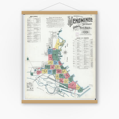 Old map wall art mockup — magnetic wood frame on white wall — Sanborn Fire Insurance Map from Menominee, Menominee County, Michigan (1901), Sheet #0001