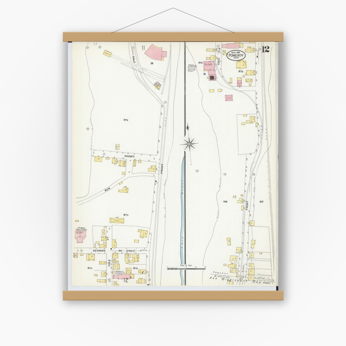 Old map wall art mockup — magnetic wood frame on white wall — Sanborn Fire Insurance Map from Pomeroy, Meigs County, Ohio (1908), Sheet #0012