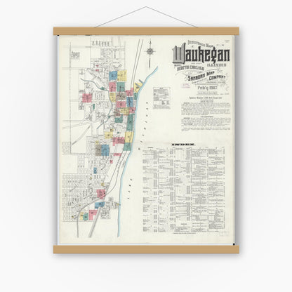 Old map wall art mockup — magnetic wood frame on white wall — Sanborn Fire Insurance Map from Waukegan, Lake County, Illinois (1912), Sheet #0001