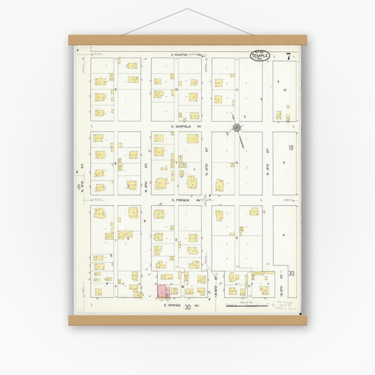 Old map wall art mockup — magnetic wood frame on white wall — Sanborn Fire Insurance Map from Temple, Bell County, Texas (1915), Sheet #0007