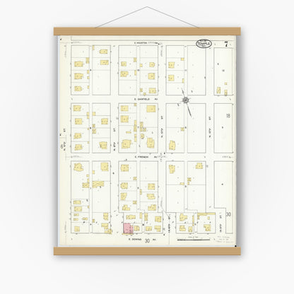 Old map wall art mockup — magnetic wood frame on white wall — Sanborn Fire Insurance Map from Temple, Bell County, Texas (1915), Sheet #0007