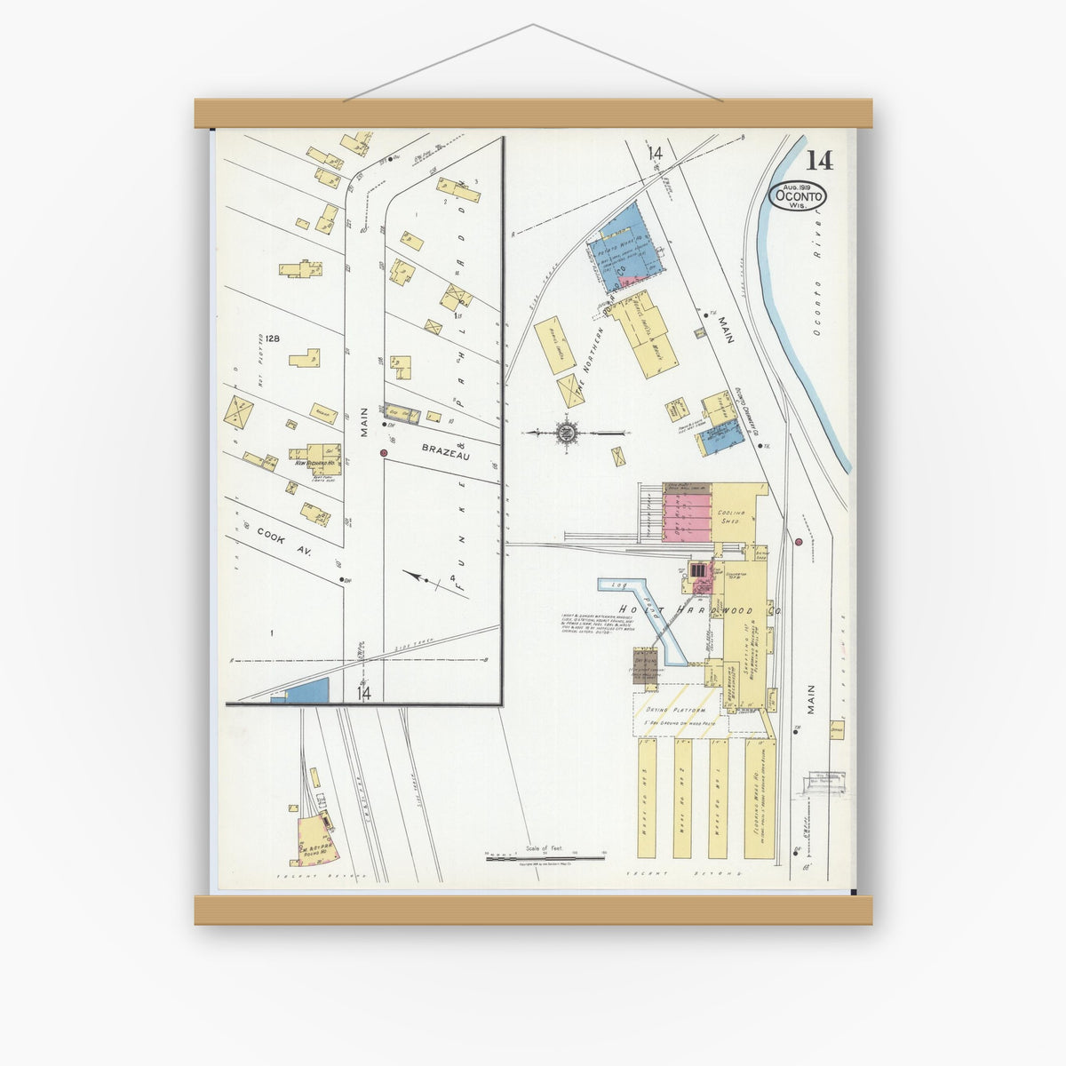 Old map wall art mockup — magnetic wood frame on white wall — Sanborn Fire Insurance Map from Oconto, Oconto County, Wisconsin (1919), Sheet #0014