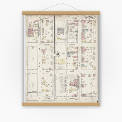 Old map wall art mockup — magnetic wood frame on white wall — Sanborn Fire Insurance Map from Alton, Madison County, Illinois (1885), Sheet #0007