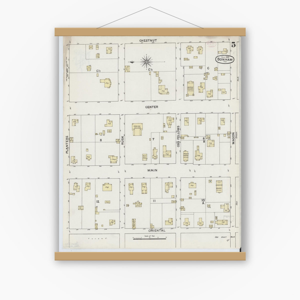Old map wall art mockup — magnetic wood frame on white wall — Sanborn Fire Insurance Map from Bonham, Fannin County, Texas (1888), Sheet #0005