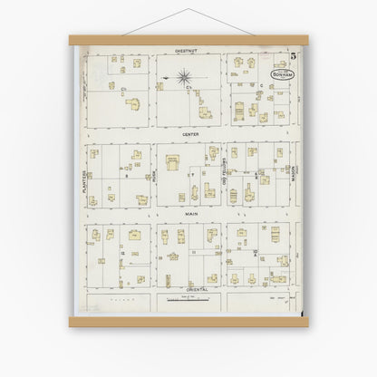 Old map wall art mockup — magnetic wood frame on white wall — Sanborn Fire Insurance Map from Bonham, Fannin County, Texas (1888), Sheet #0005