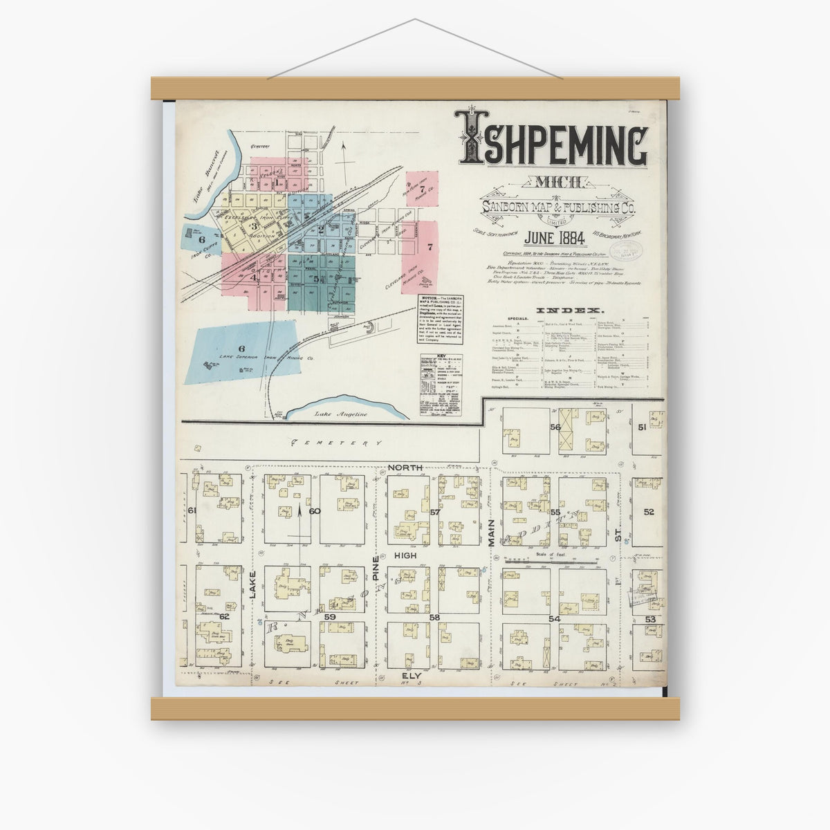 Old map wall art mockup — magnetic wood frame on white wall — Sanborn Fire Insurance Map from Ishpeming, Marquette County, Michigan (1884), Sheet #0001