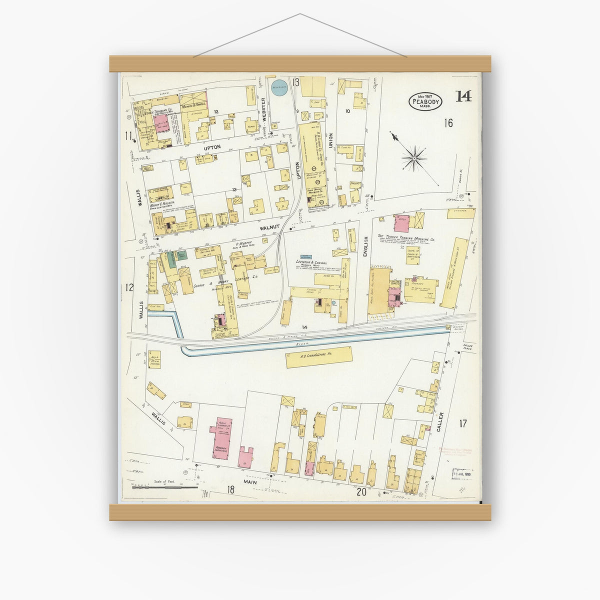 Old map wall art mockup — magnetic wood frame on white wall — Sanborn Fire Insurance Map from Peabody, Essex County, Massachusetts (1907), Sheet #0014