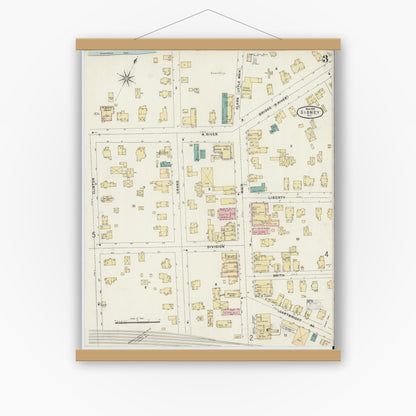 Old map wall art mockup — magnetic wood frame on white wall — Sanborn Fire Insurance Map from Sidney, Delaware County, New York (1897), Sheet #0003