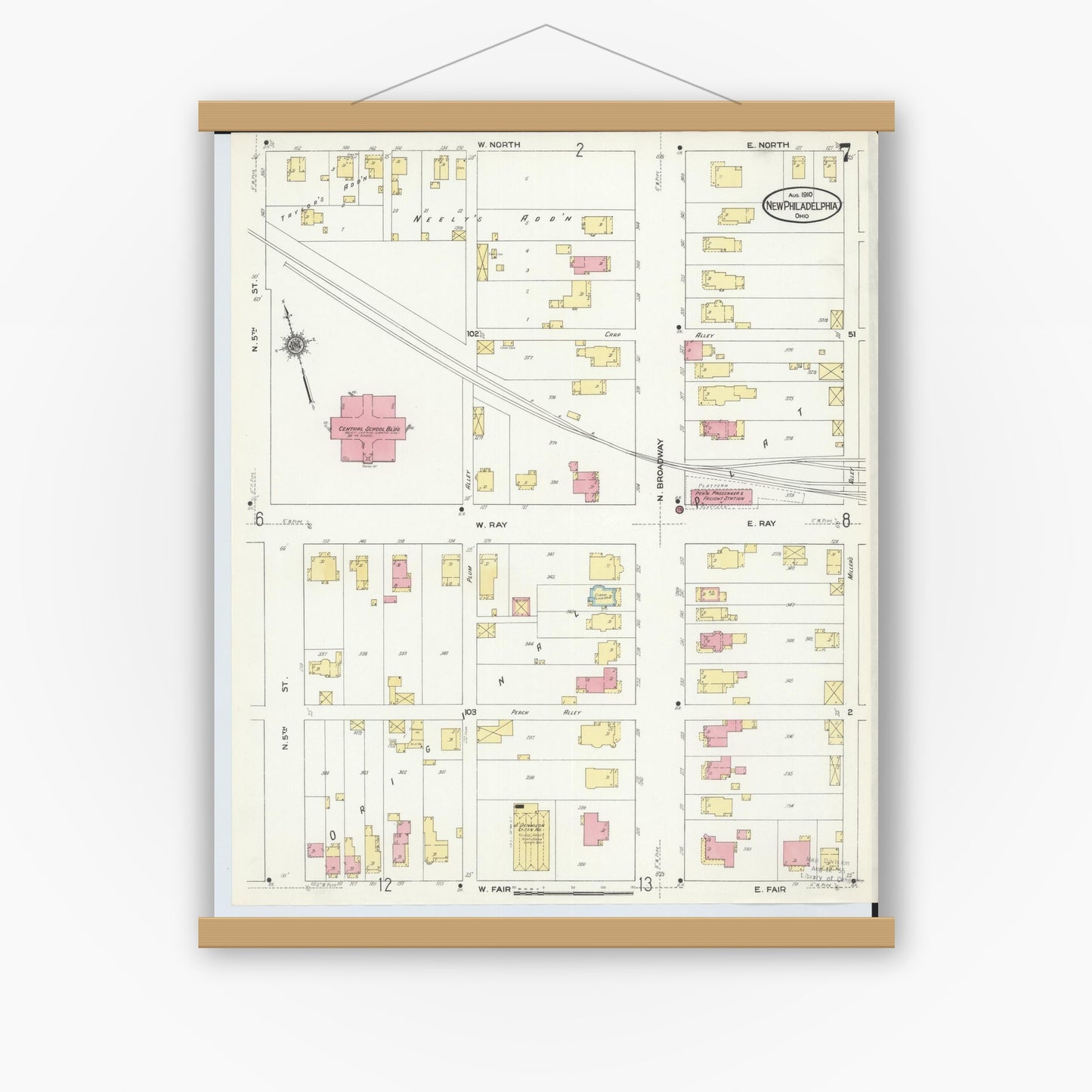 Old map wall art mockup — magnetic wood frame on white wall — Sanborn Fire Insurance Map from New Philadelphia, Tuscarawas County, Ohio (1910), Sheet #0007