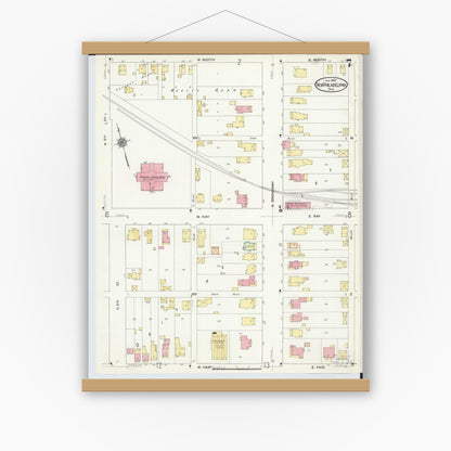 Old map wall art mockup — magnetic wood frame on white wall — Sanborn Fire Insurance Map from New Philadelphia, Tuscarawas County, Ohio (1910), Sheet #0007