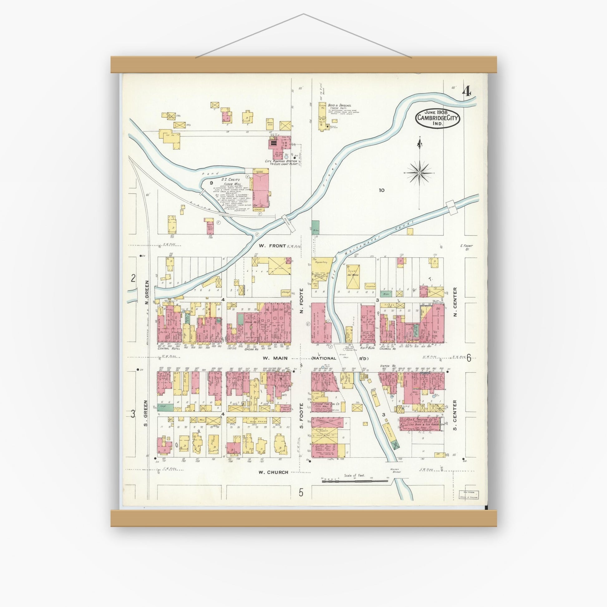Old map wall art mockup — magnetic wood frame on white wall — Sanborn Fire Insurance Map from Cambridge City, Wayne County, Indiana (1908), Sheet #0004