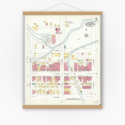 Old map wall art mockup — magnetic wood frame on white wall — Sanborn Fire Insurance Map from Cambridge City, Wayne County, Indiana (1908), Sheet #0004