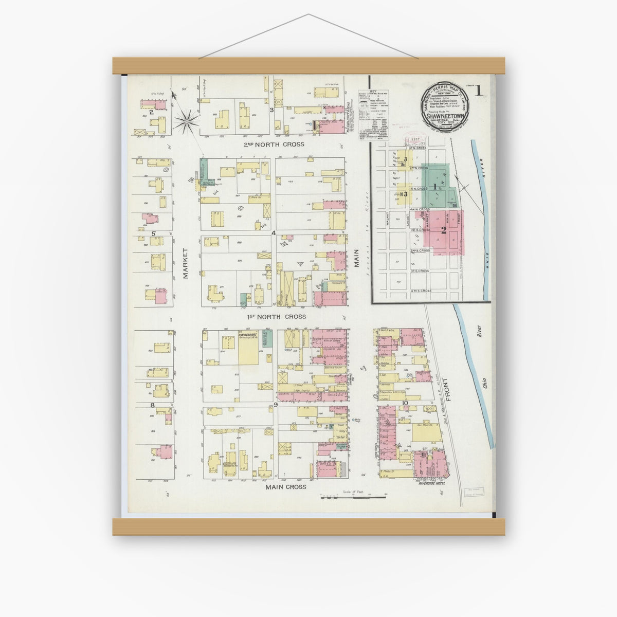Old map wall art mockup — magnetic wood frame on white wall — Sanborn Fire Insurance Map from Shawneetown, Gallatin County, Illinois (1893) - Complete Map Set