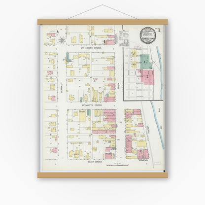 Old map wall art mockup — magnetic wood frame on white wall — Sanborn Fire Insurance Map from Shawneetown, Gallatin County, Illinois (1893) - Complete Map Set