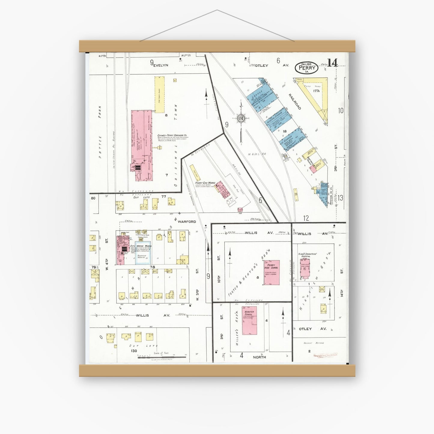 Old map wall art mockup — magnetic wood frame on white wall — Sanborn Fire Insurance Map from Perry, Dallas County, Iowa (1918), Sheet #0014