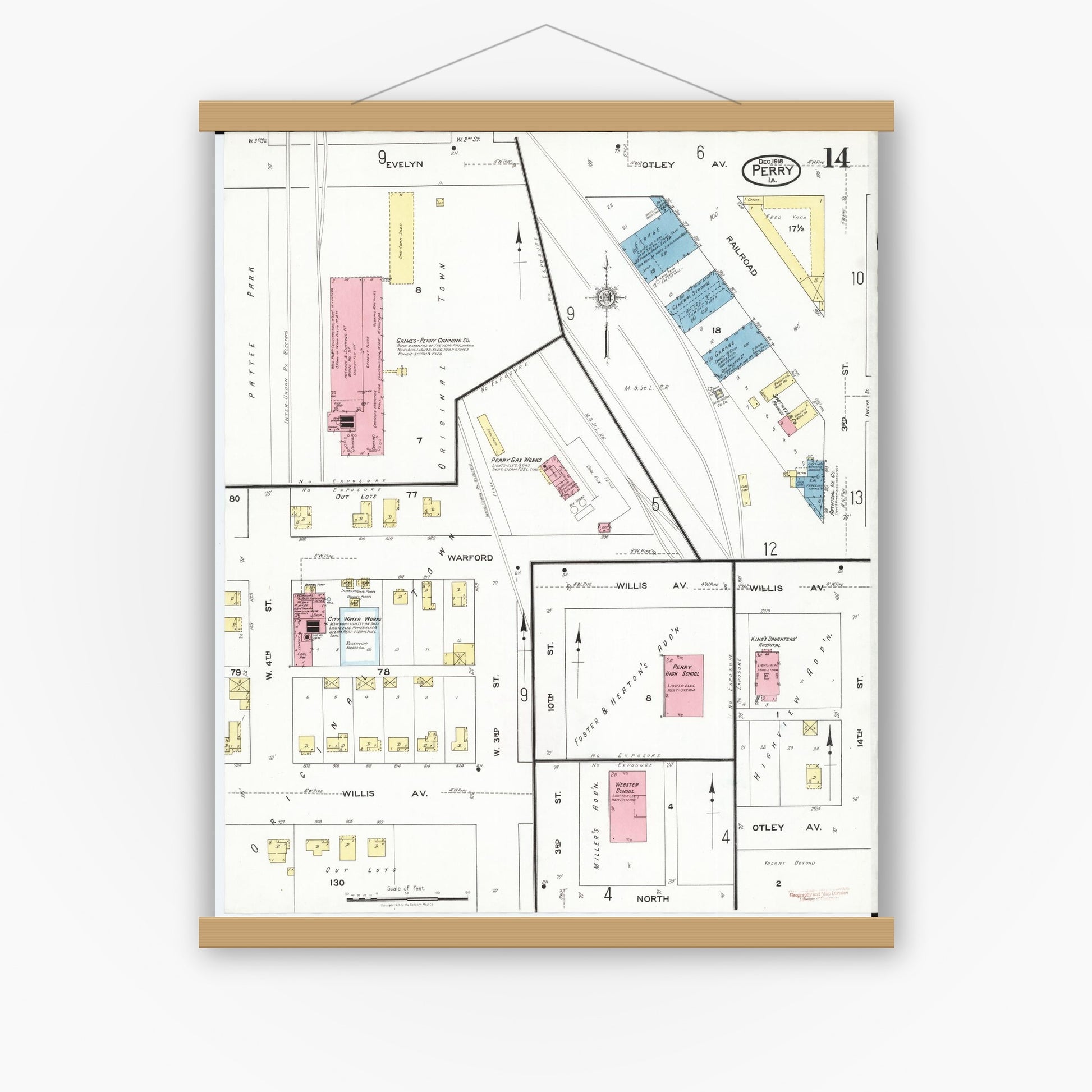Old map wall art mockup — magnetic wood frame on white wall — Sanborn Fire Insurance Map from Perry, Dallas County, Iowa (1918), Sheet #0014