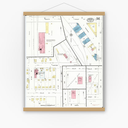 Old map wall art mockup — magnetic wood frame on white wall — Sanborn Fire Insurance Map from Perry, Dallas County, Iowa (1918), Sheet #0014