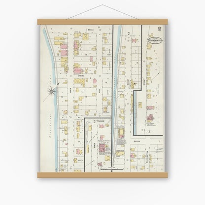 Old map wall art mockup — magnetic wood frame on white wall — Sanborn Fire Insurance Map from Fountain City, Buffalo County, Wisconsin (1898), Sheet #0002