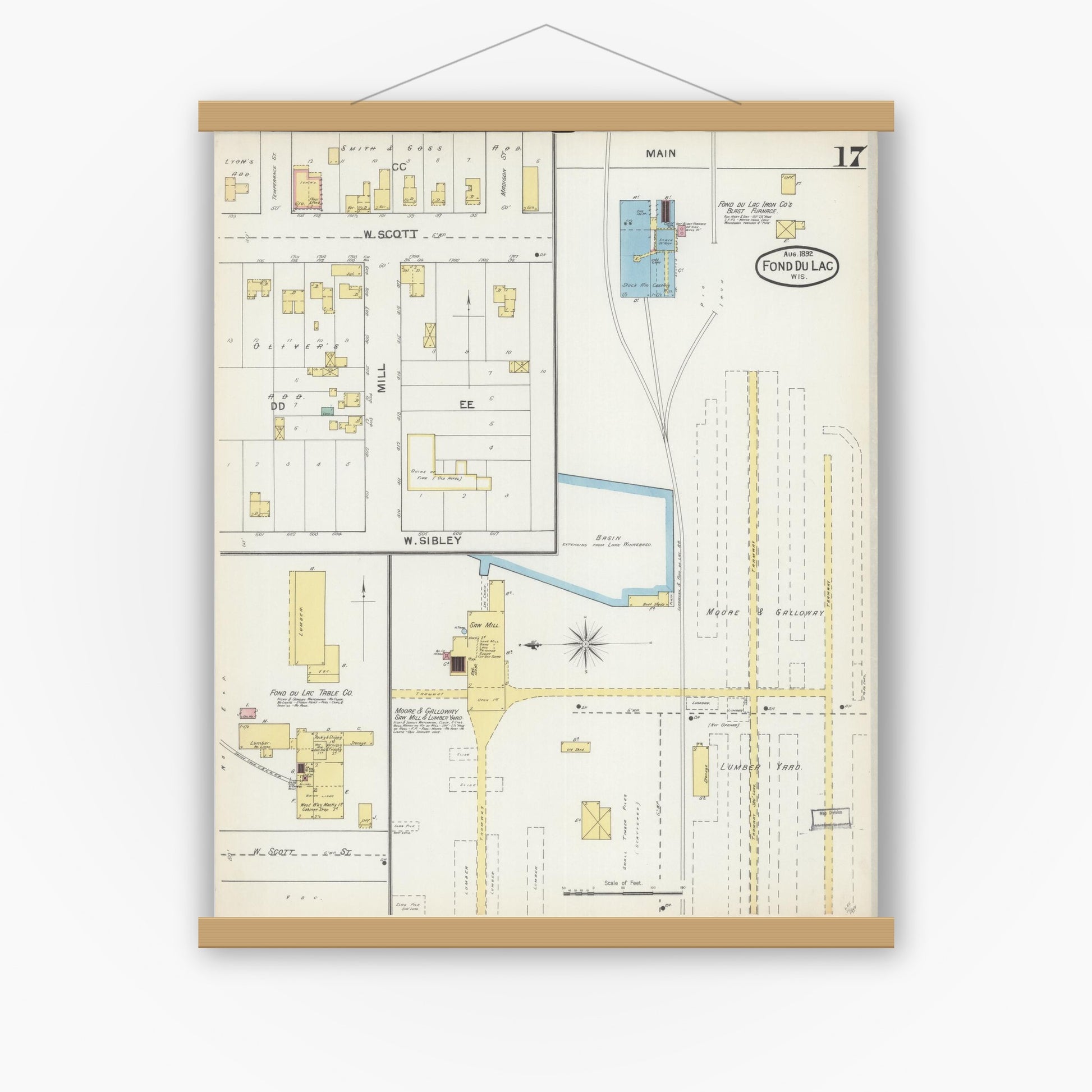 Old map wall art mockup — magnetic wood frame on white wall — Sanborn Fire Insurance Map from Fond du Lac, Fond du Lac County, Wisconsin (1892), Sheet #0017