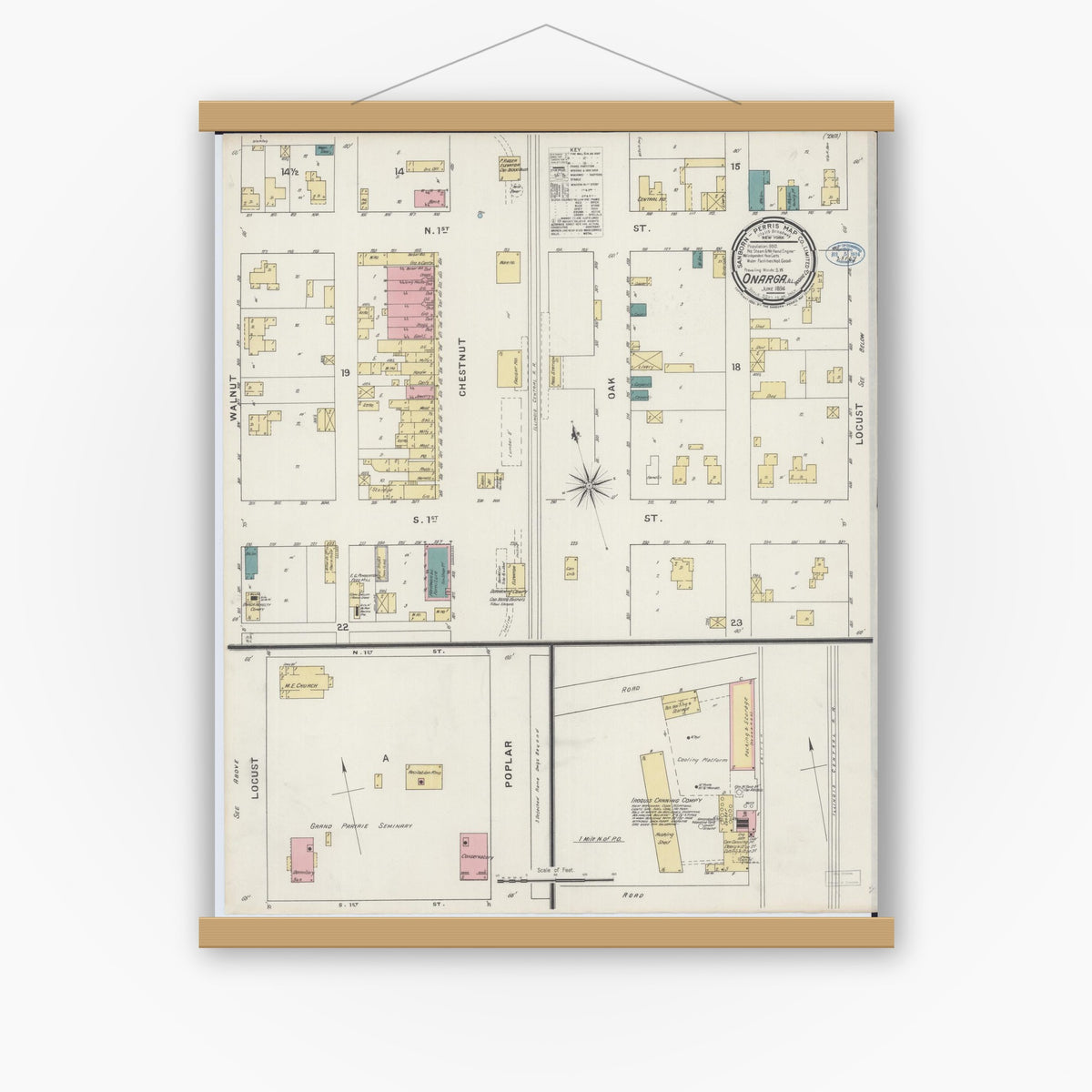 Old map wall art mockup — magnetic wood frame on white wall — Sanborn Fire Insurance Map from Onarga, Iroquois County, Illinois (1894), Sheet #0001