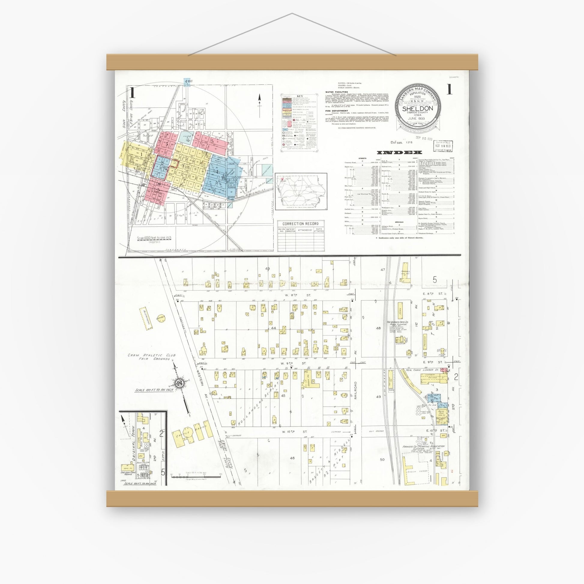 Old map wall art mockup — magnetic wood frame on white wall — Sanborn Fire Insurance Map from Sheldon, O'Brien County, Iowa (1933), Sheet #0001