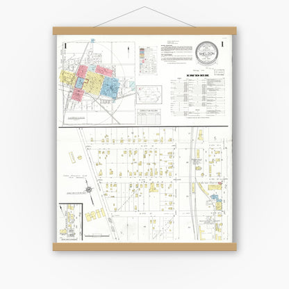 Old map wall art mockup — magnetic wood frame on white wall — Sanborn Fire Insurance Map from Sheldon, O'Brien County, Iowa (1933), Sheet #0001