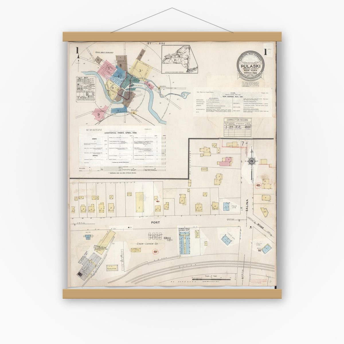 Old map wall art mockup — magnetic wood frame on white wall — Sanborn Fire Insurance Map from Pulaski, Oswego County, New York (1959) - Complete Map Set