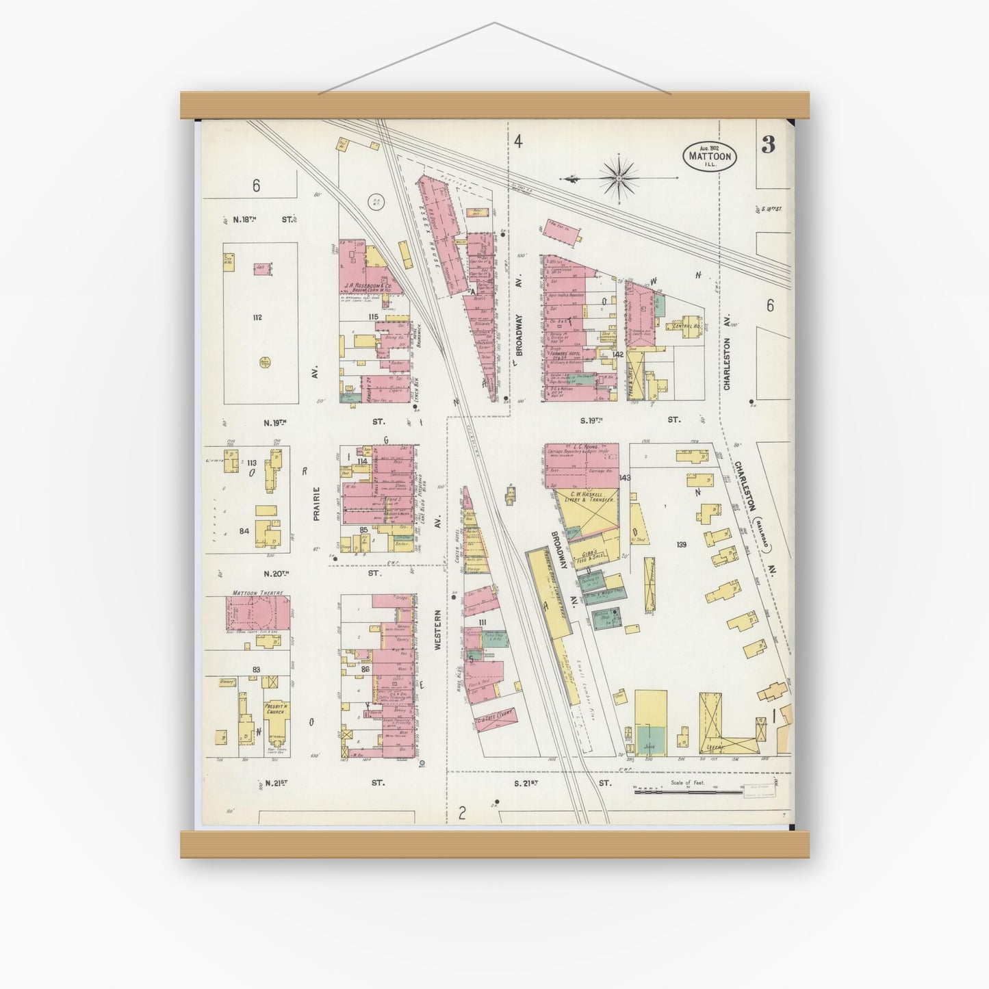 Old map wall art mockup — magnetic wood frame on white wall — Sanborn Fire Insurance Map from Mattoon, Coles County, Illinois (1902), Sheet #0003