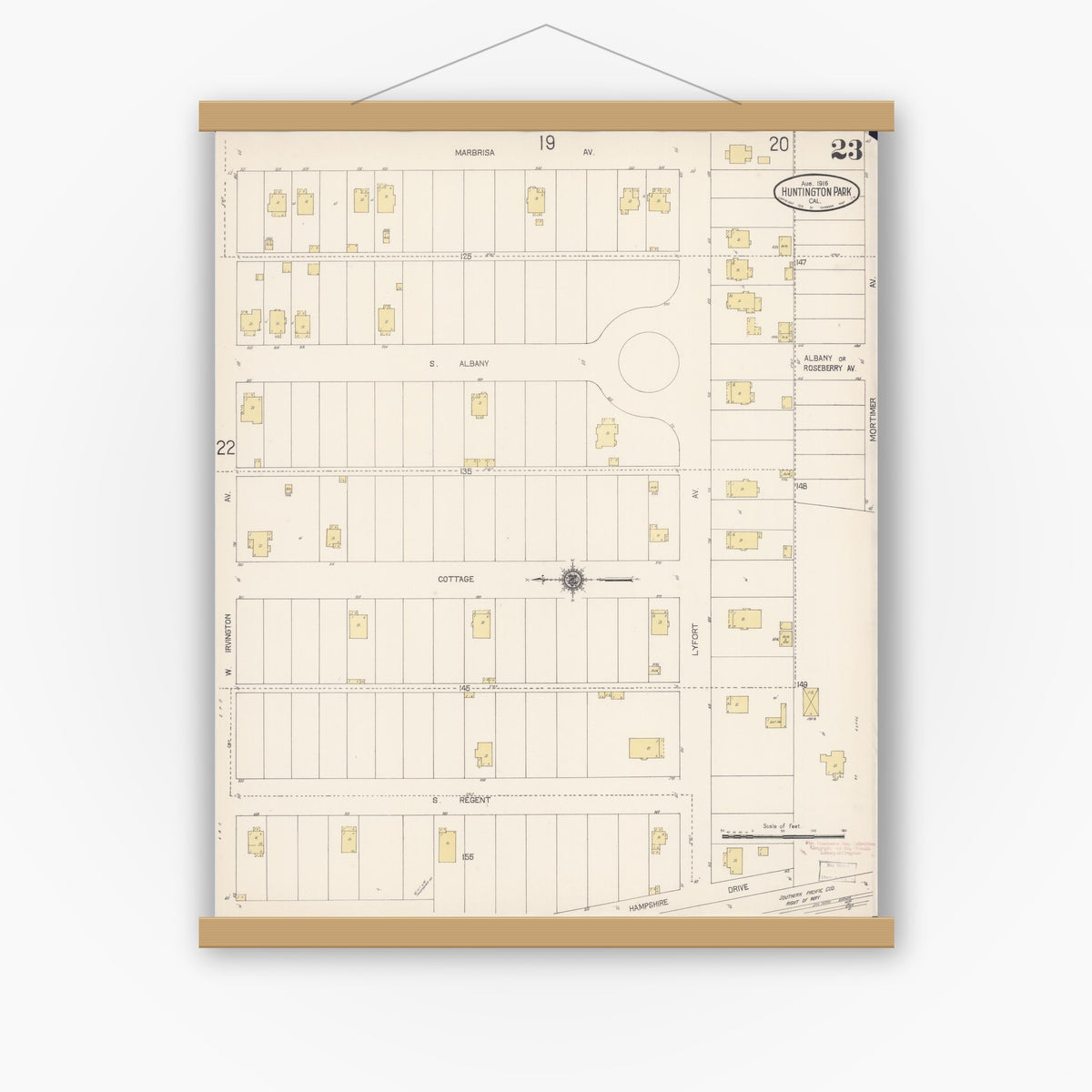Old map wall art mockup — magnetic wood frame on white wall — Sanborn Fire Insurance Map from Huntington Park, Los Angeles County, California (1916), Sheet #0023
