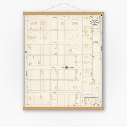 Old map wall art mockup — magnetic wood frame on white wall — Sanborn Fire Insurance Map from Huntington Park, Los Angeles County, California (1916), Sheet #0023