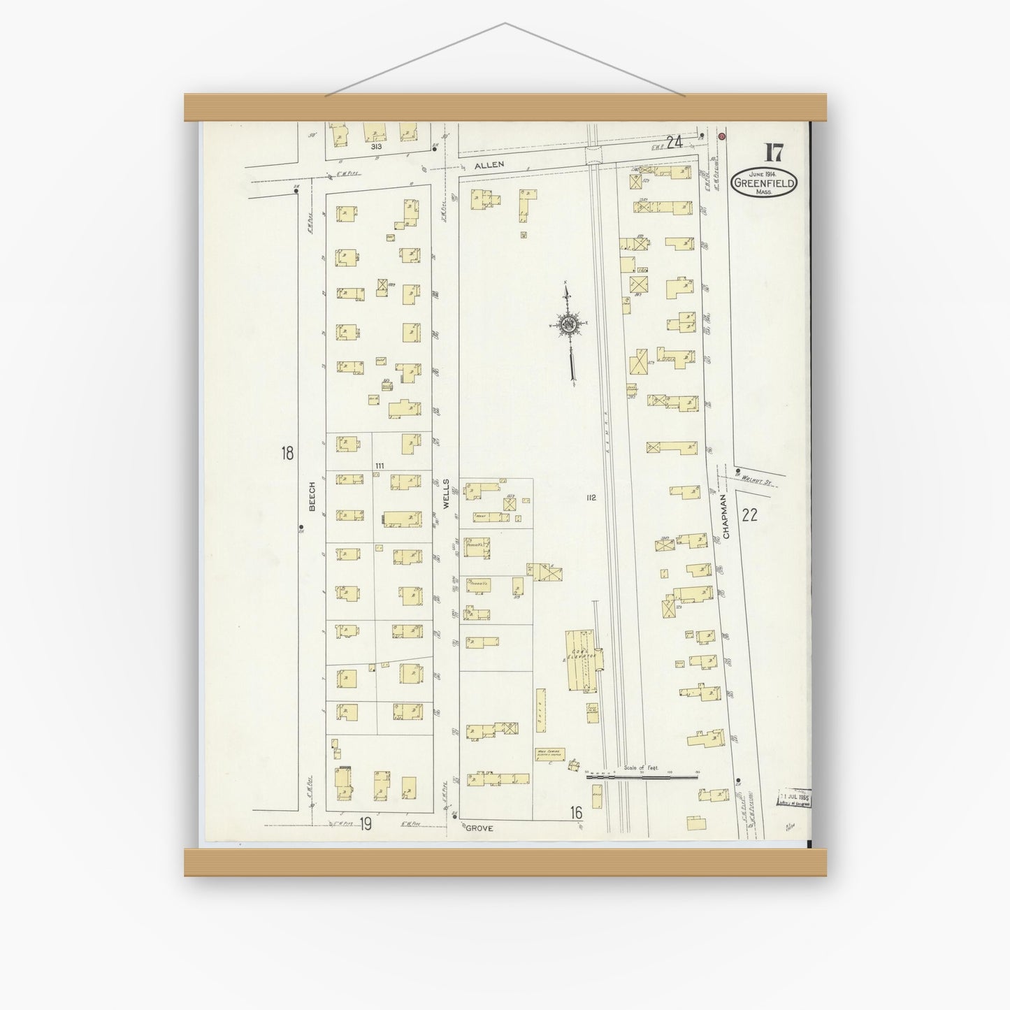 Old map wall art mockup — magnetic wood frame on white wall — Sanborn Fire Insurance Map from Greenfield, Franklin County, Massachusetts (1914), Sheet #0017