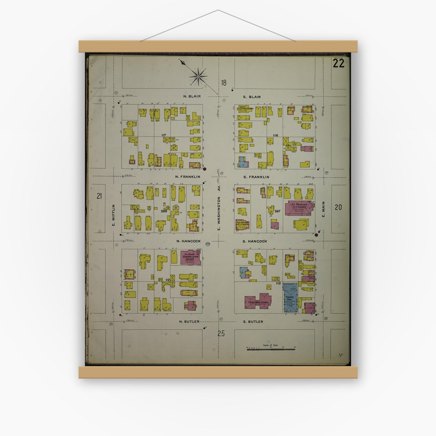 Old map wall art mockup — magnetic wood frame on white wall — Sanborn Fire Insurance Map from Madison, Dane County, Wisconsin (1908), Sheet #0022