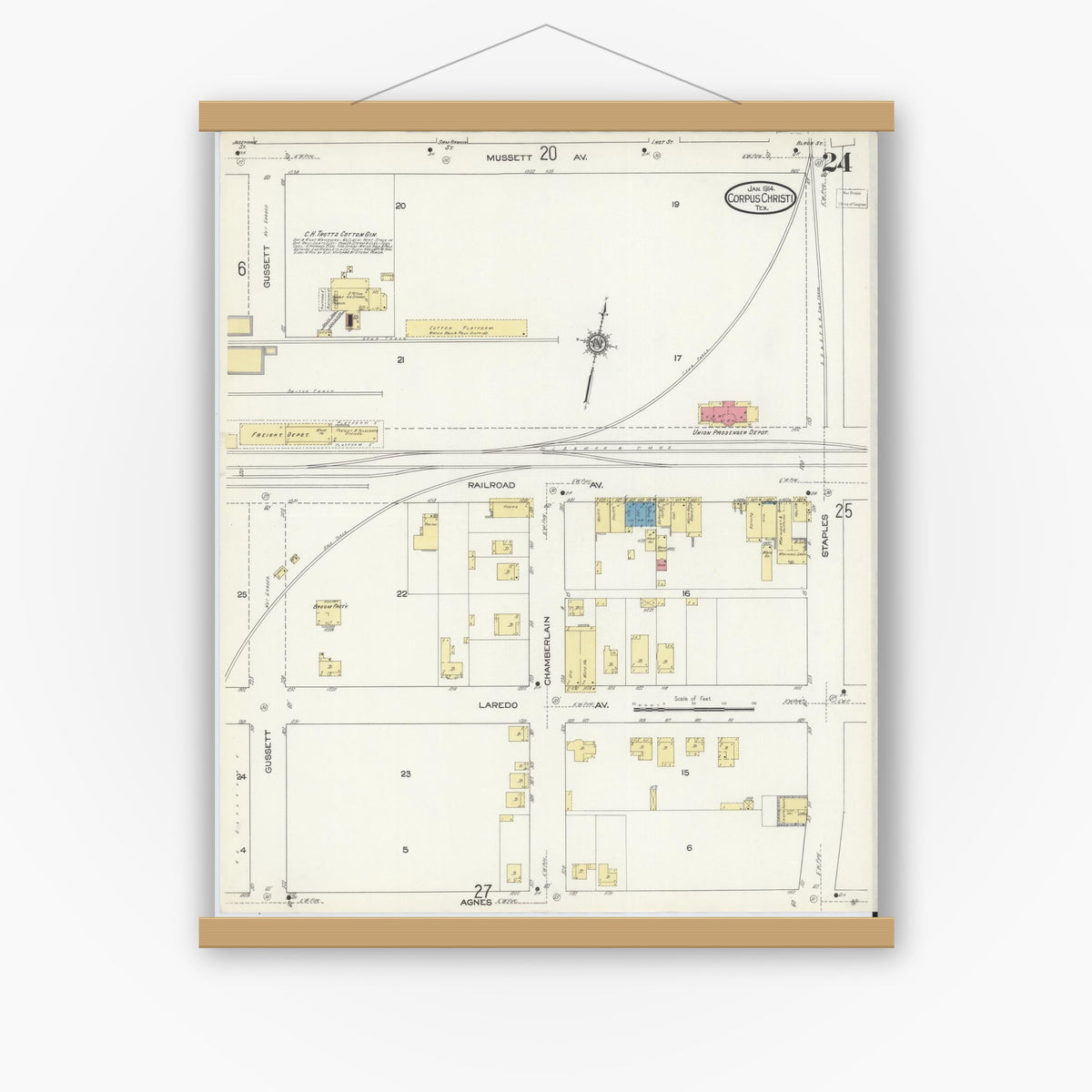 Old map wall art mockup — magnetic wood frame on white wall — Sanborn Fire Insurance Map from Corpus Christi, Nueces County, Texas (1914), Sheet #0024