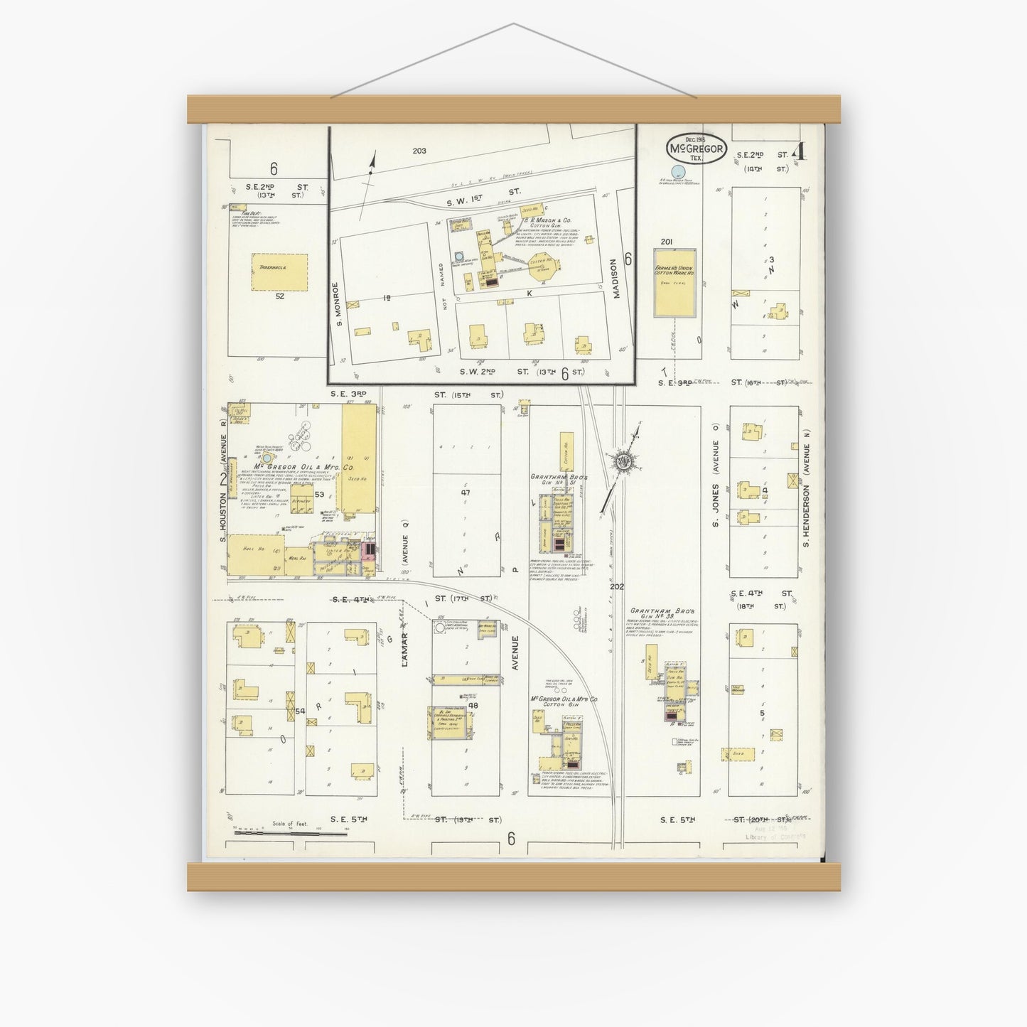 Old map wall art mockup — magnetic wood frame on white wall — Sanborn Fire Insurance Map from McGregor, McLennan County, Texas (1915), Sheet #0004
