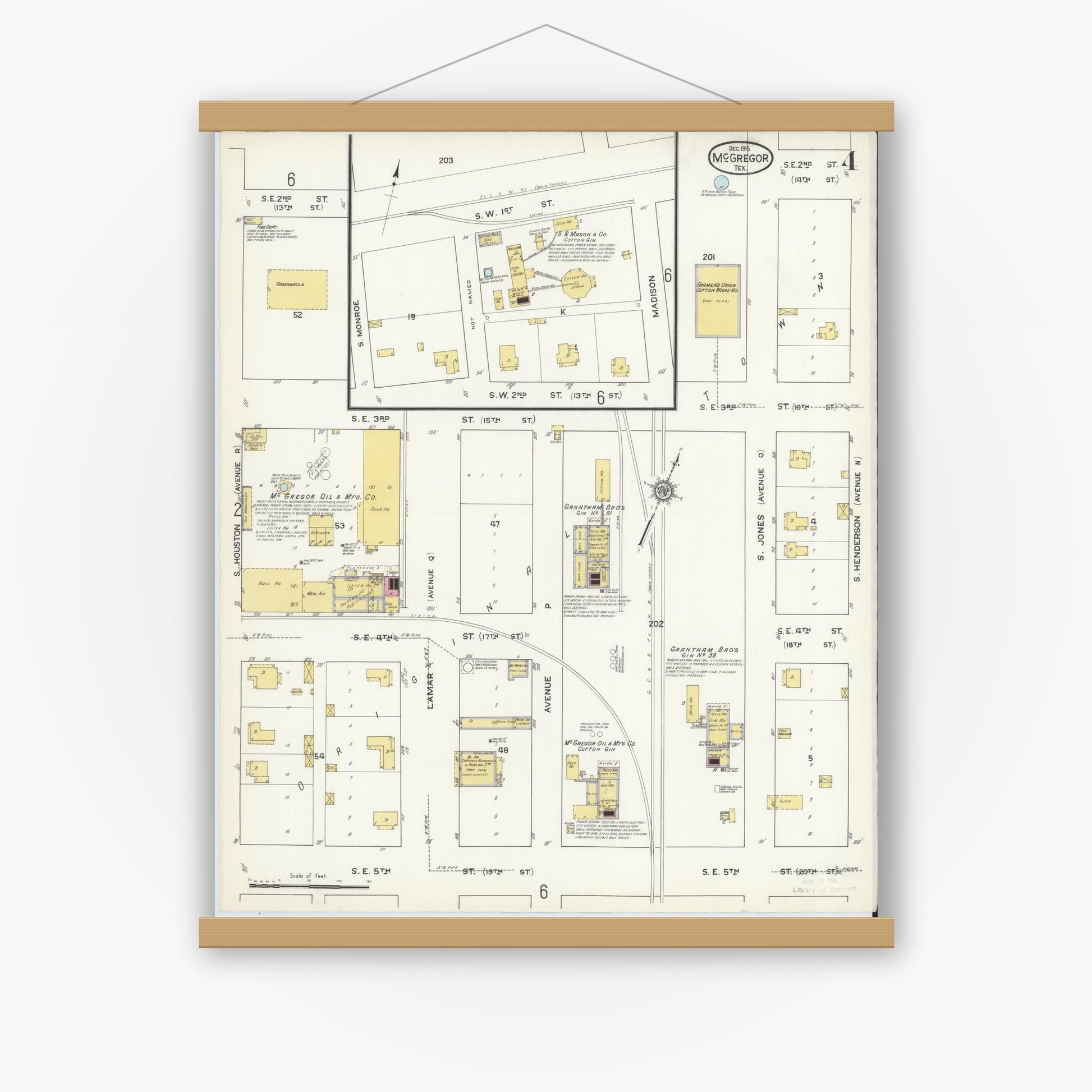 Old map wall art mockup — magnetic wood frame on white wall — Sanborn Fire Insurance Map from McGregor, McLennan County, Texas (1915), Sheet #0004