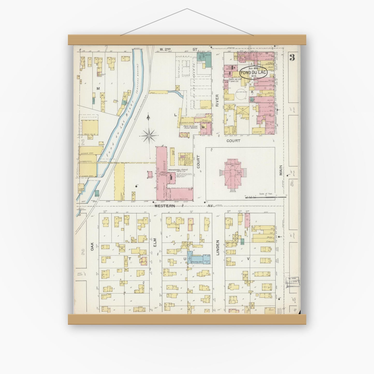 Old map wall art mockup — magnetic wood frame on white wall — Sanborn Fire Insurance Map from Fond du Lac, Fond du Lac County, Wisconsin (1892), Sheet #0003