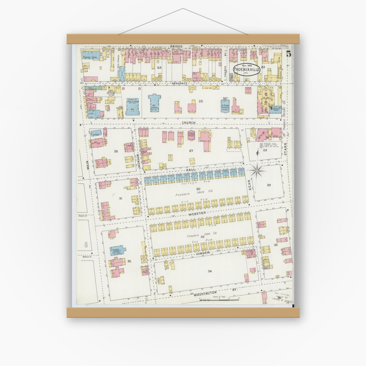 Old map wall art mockup — magnetic wood frame on white wall — Sanborn Fire Insurance Map from Phoenixville, Chester County, Pennsylvania (1894), Sheet #0005