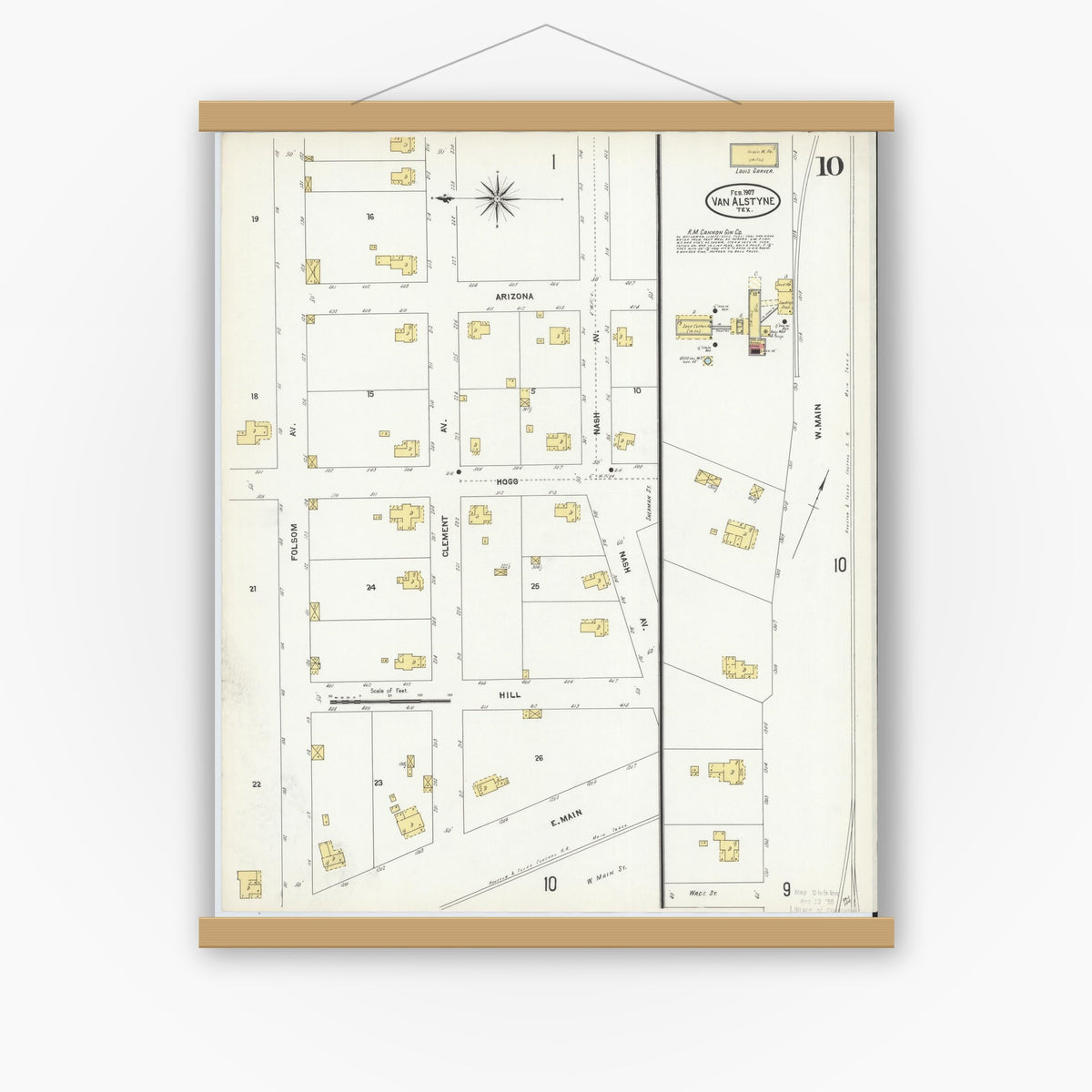 Old map wall art mockup — magnetic wood frame on white wall — Sanborn Fire Insurance Map from Van Alstyne, Grayson County, Texas (1907), Sheet #0010