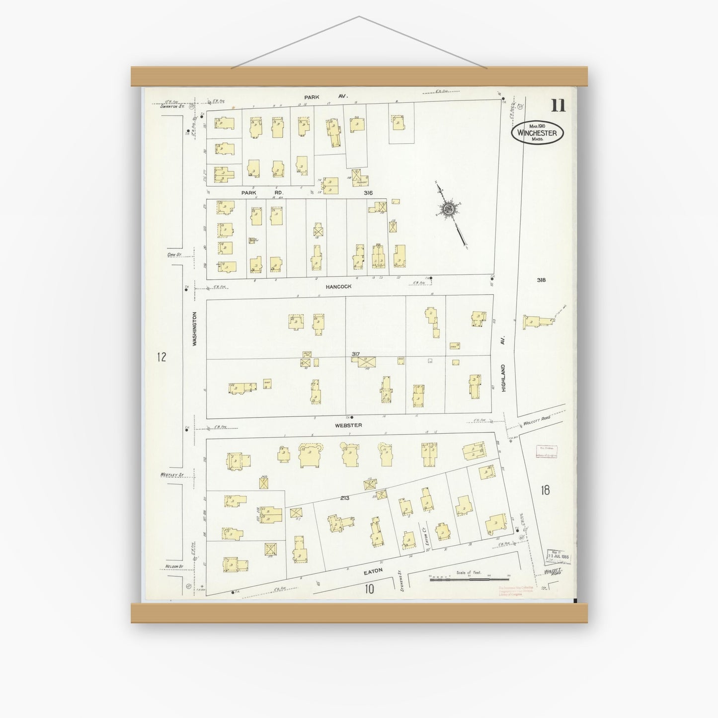Old map wall art mockup — magnetic wood frame on white wall — Sanborn Fire Insurance Map from Winchester, Middlesex County, Massachusetts (1910), Sheet #0011