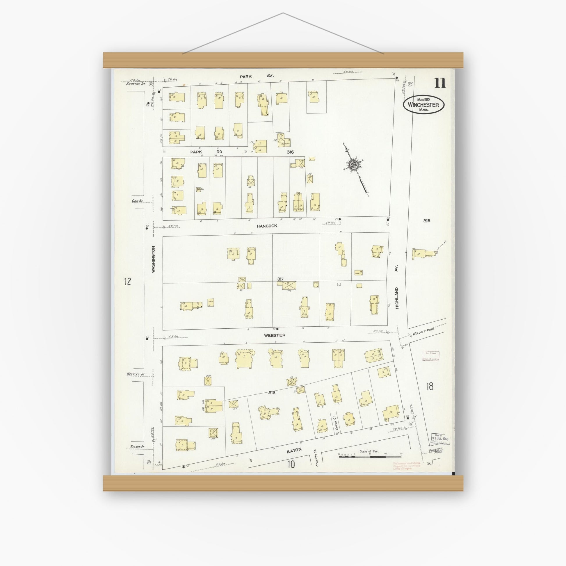 Old map wall art mockup — magnetic wood frame on white wall — Sanborn Fire Insurance Map from Winchester, Middlesex County, Massachusetts (1910), Sheet #0011