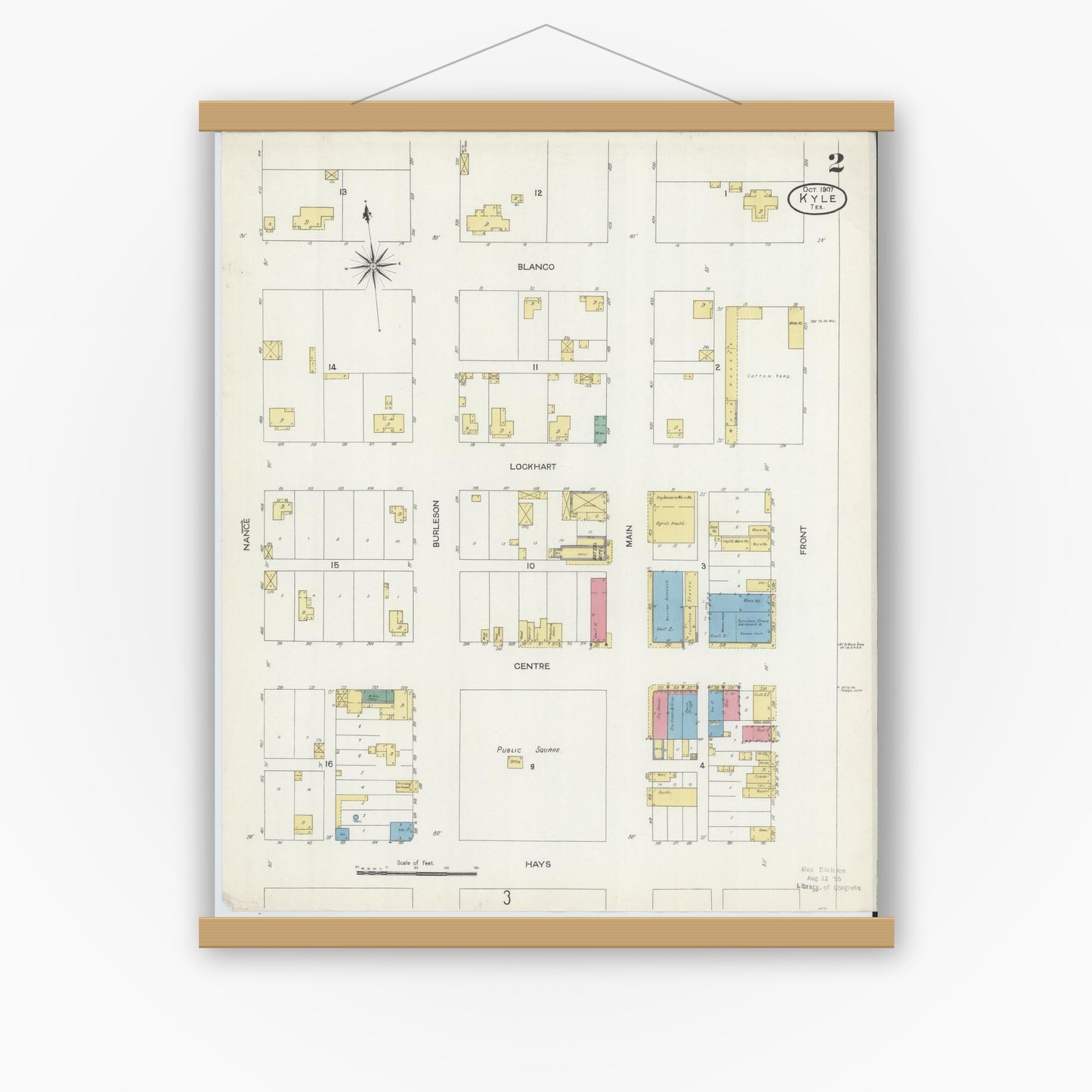 Old map wall art mockup — magnetic wood frame on white wall — Sanborn Fire Insurance Map from Kyle, Hays County, Texas (1907), Sheet #0002