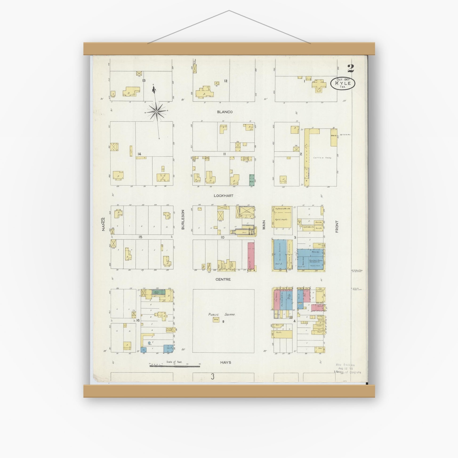 Old map wall art mockup — magnetic wood frame on white wall — Sanborn Fire Insurance Map from Kyle, Hays County, Texas (1907), Sheet #0002