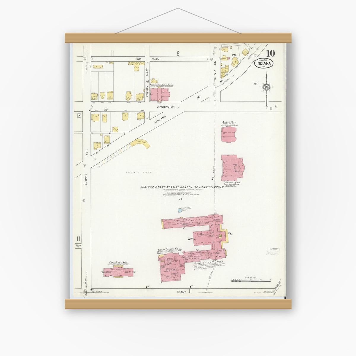 Old map wall art mockup — magnetic wood frame on white wall — Sanborn Fire Insurance Map from Indiana, Indiana County, Pennsylvania (1916), Sheet #0010
