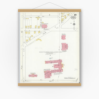 Old map wall art mockup — magnetic wood frame on white wall — Sanborn Fire Insurance Map from Indiana, Indiana County, Pennsylvania (1916), Sheet #0010