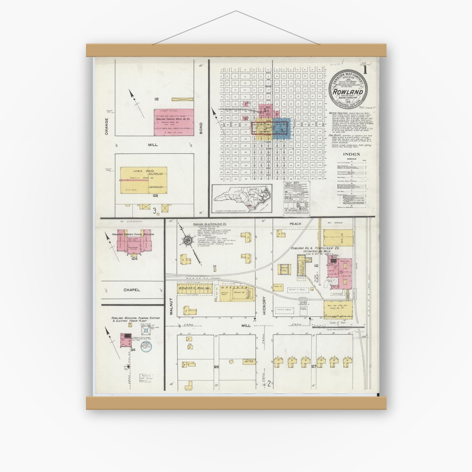 Old map wall art mockup — magnetic wood frame on white wall — Sanborn Fire Insurance Map from Rowland, Robeson County, North Carolina (1919) - Complete Map Set