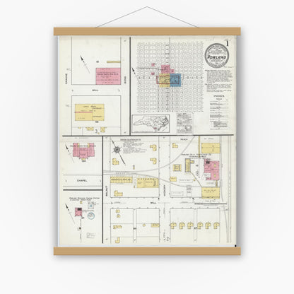 Old map wall art mockup — magnetic wood frame on white wall — Sanborn Fire Insurance Map from Rowland, Robeson County, North Carolina (1919) - Complete Map Set