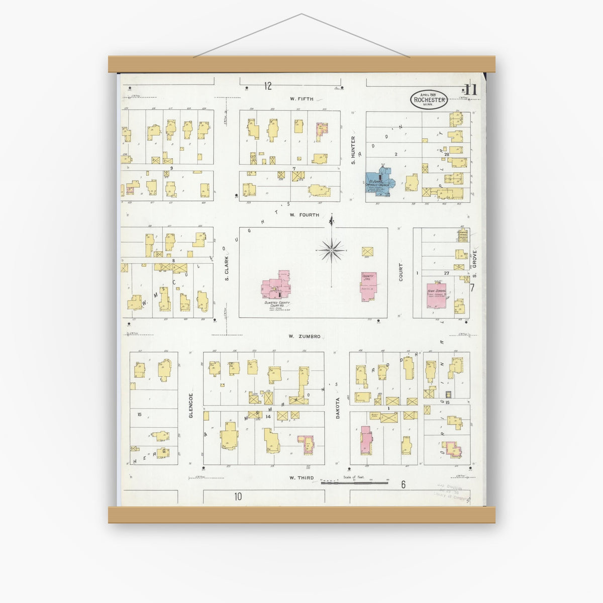Old map wall art mockup — magnetic wood frame on white wall — Sanborn Fire Insurance Map from Rochester, Olmsted County, Minnesota (1909), Sheet #0011